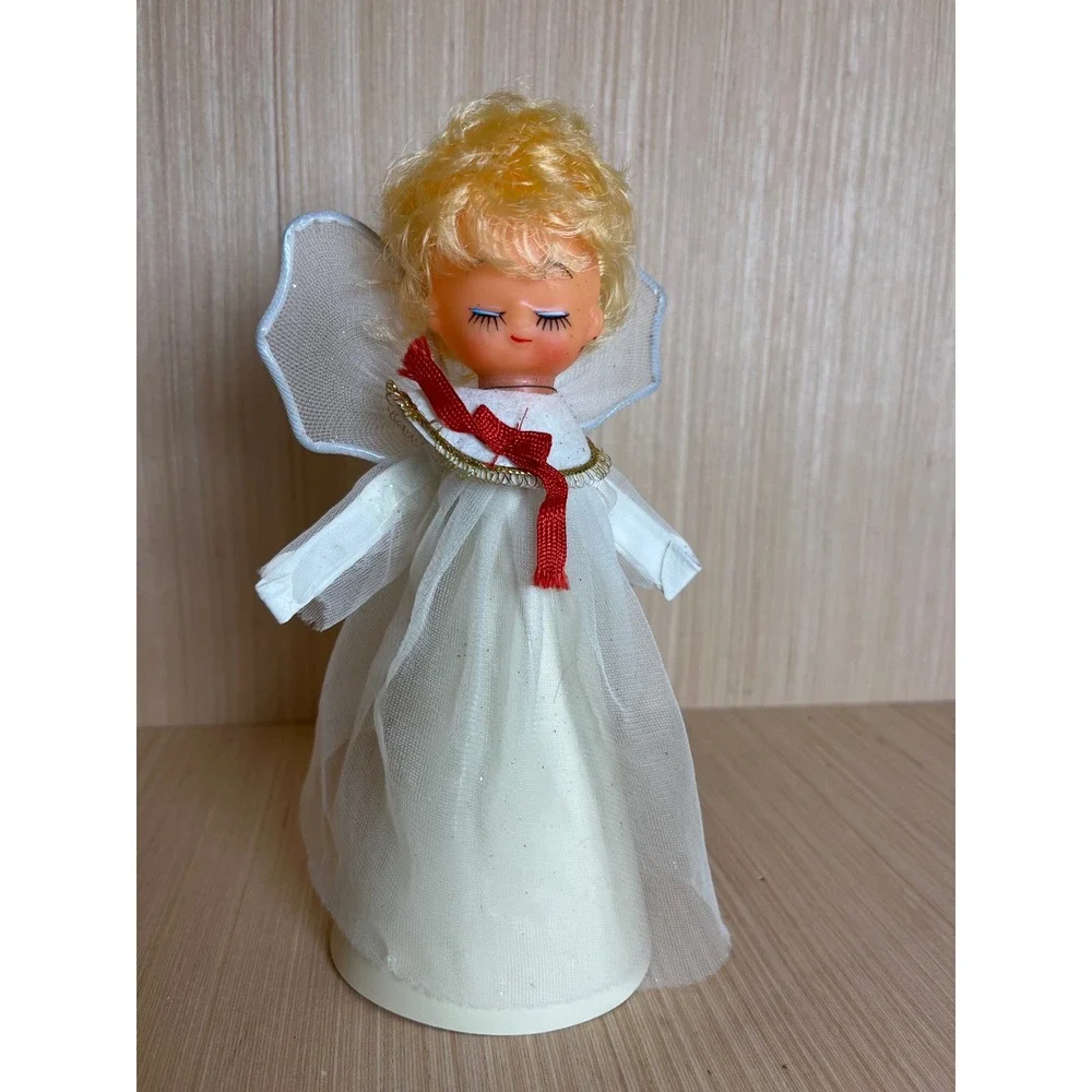 Vintage Blonde Angel Christmas Tree Topper White Mesh Gown Red Ribbon Bow MCM